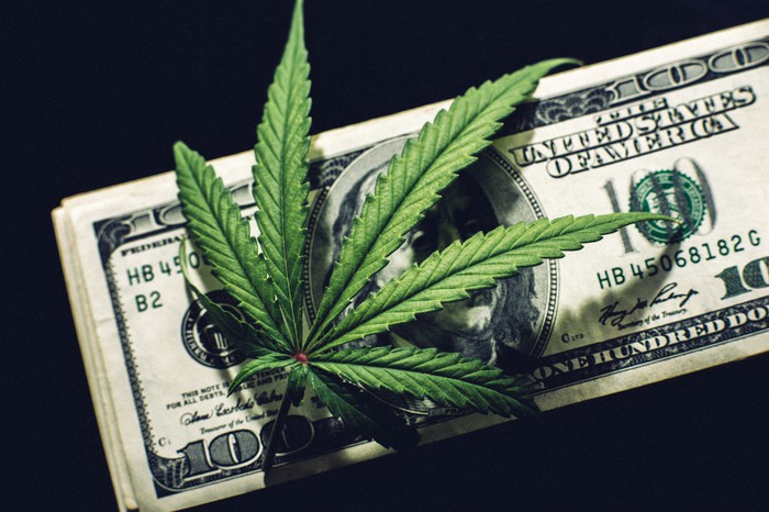 A cannabis leaf lying atop a neat stack of hundred dollar bills on a dark background.