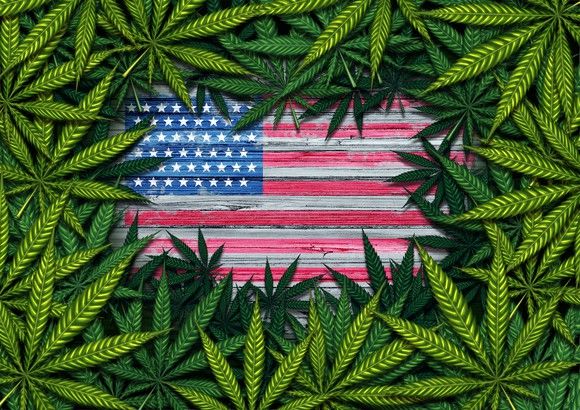 Rustic U.S. flag surrounded by marijuana leaves