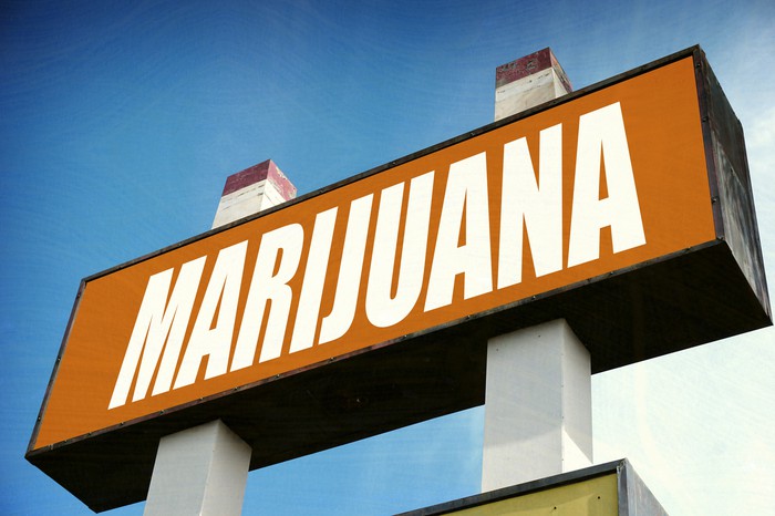A large sign that reads, Marijuana, outside of a licensed dispensary. 