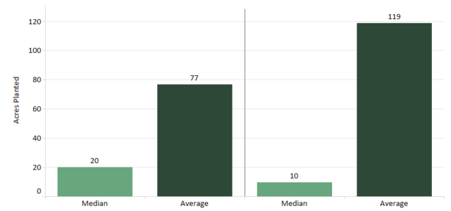 Chart: Median acreage of US hemp operations decreases, but average acreage rises