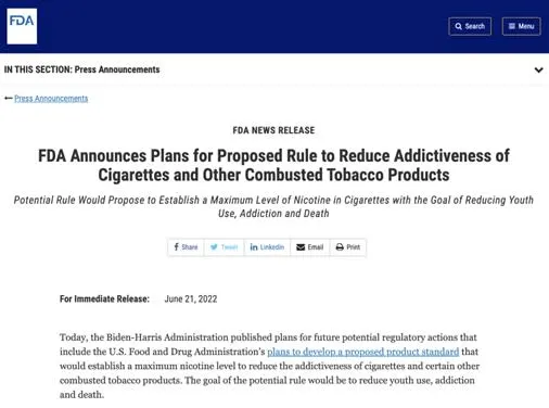 In an announcement dated June 21, 2022, the U.S. Food and Drug Administration announced its plans for a proposed rule to establish a maximum level of nicotine in tobacco cigarettes sold in the United States. The Company anticipates that such a rule could prove advantageous for its flagship product TAAT®, which is a nicotine-free and tobacco-free alternative to tobacco cigarettes.