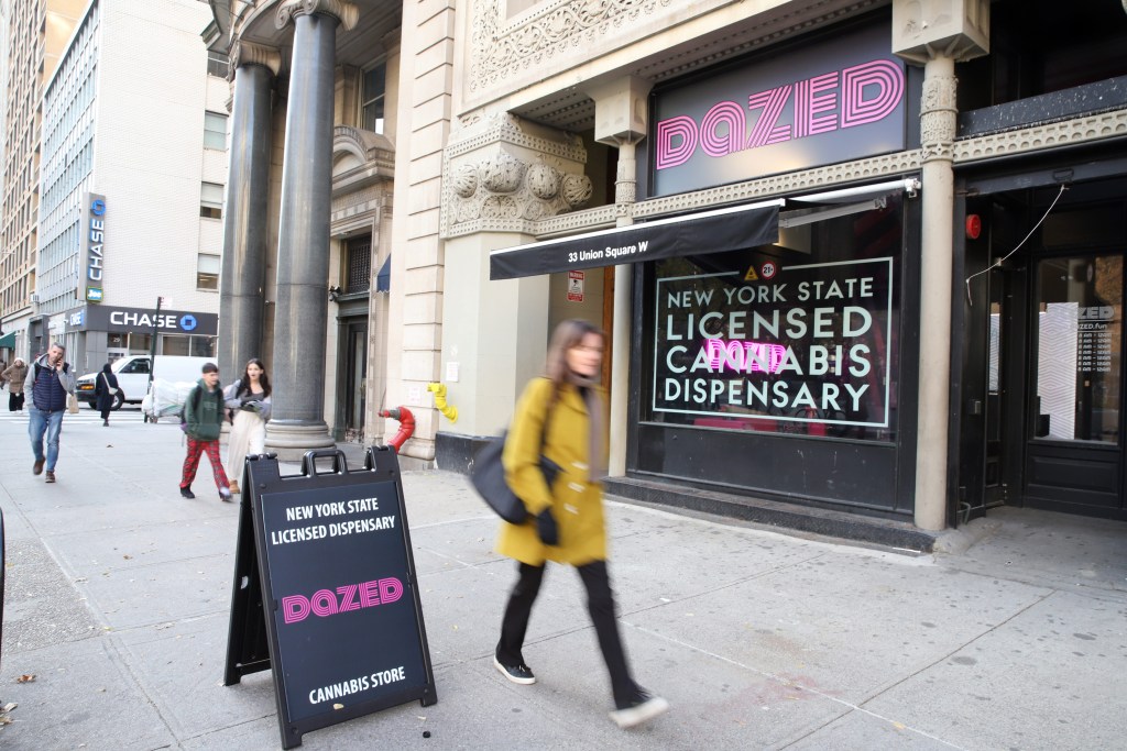 The Dazed cannabis shop on Union Square advertises being one of the few state-licensed dispensaries in New York.